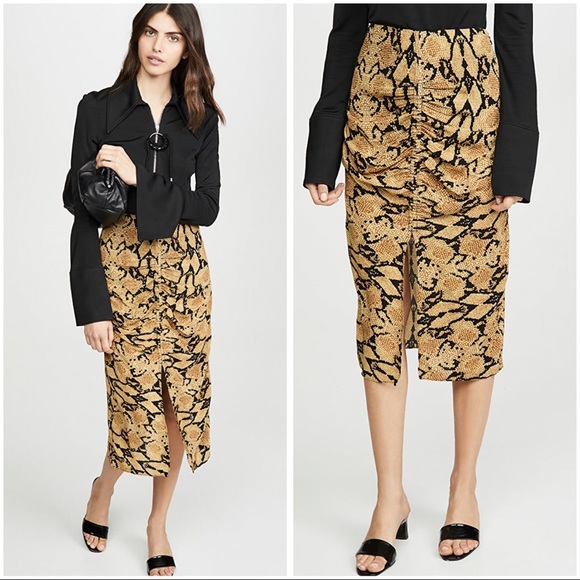 BA&SH Carry Snake skin print midi ruched skirt Ochre - Picture 2 of 15